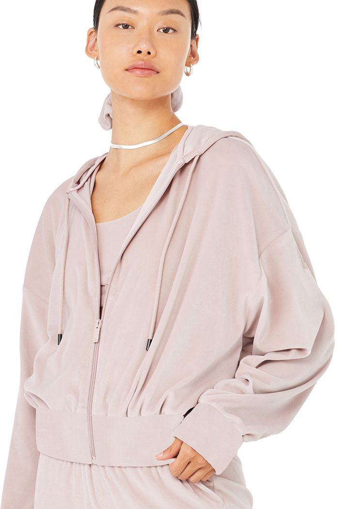 Pink Alo Yoga Velour Glimmer Full Zip Women's Hoodie | 50391TMUG