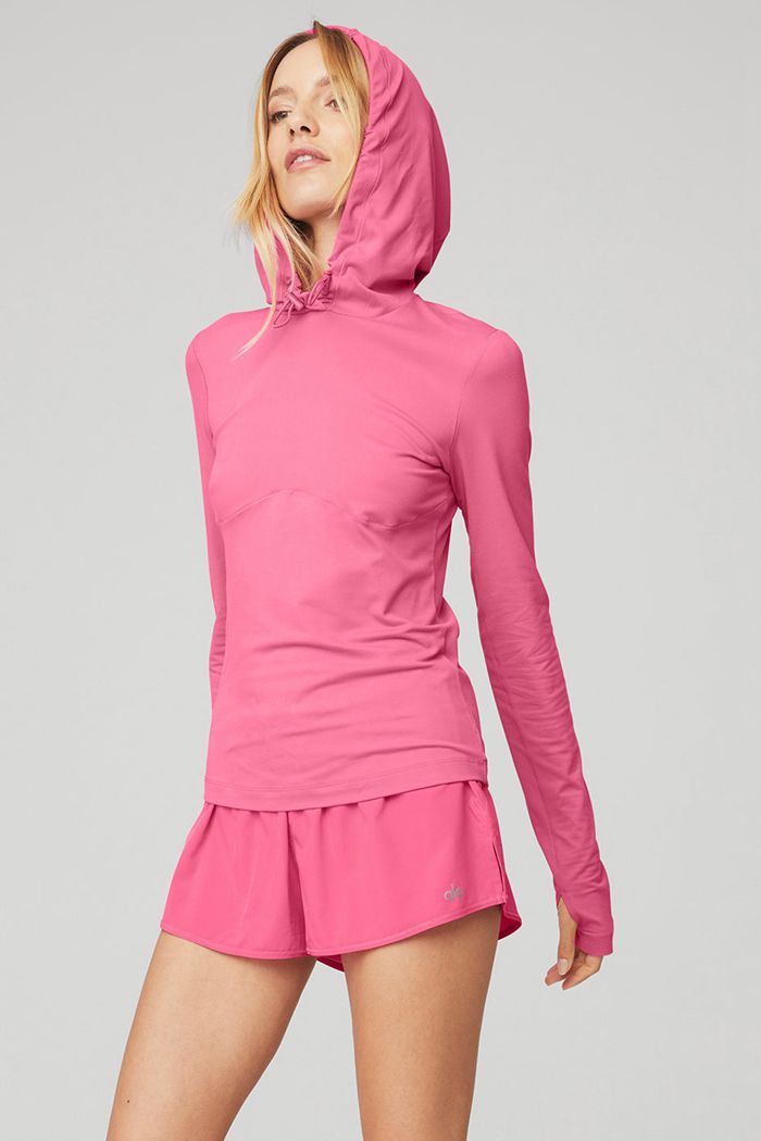 Pink Fuchsia Alo Yoga Alosoft Hooded Runner Women's Long Sleeve | 18067FVRZ