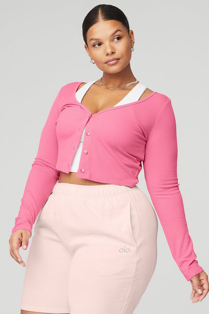 Pink Fuchsia Alo Yoga Ribbed Cropped Whisper Women's Cardigan | 89132GXYP