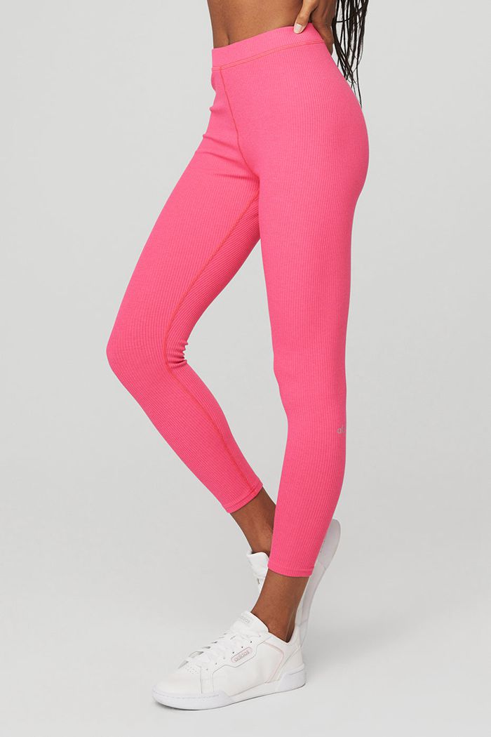 Pink Fuchsia Alo Yoga Ribbed High-Waist 7/8 Blissful Women's Leggings | 10246YFSA