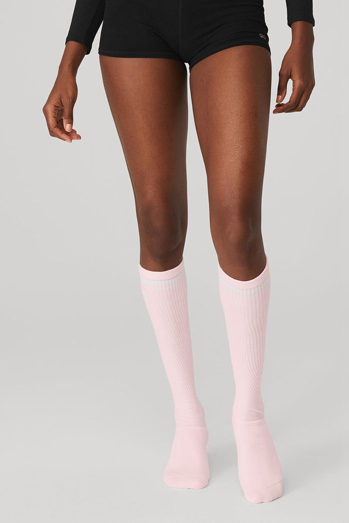 Pink White Alo Yoga Knee-High Throwback Barre Women's Socks | 26580KEPN