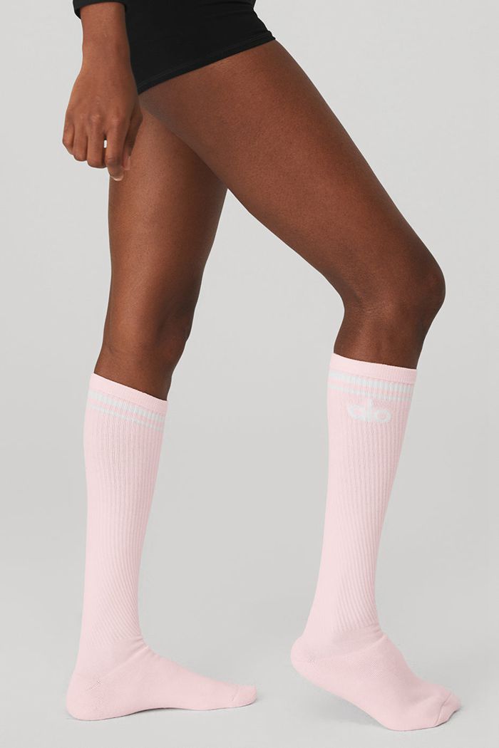 Pink White Alo Yoga Knee-High Throwback Barre Women's Socks | 26580KEPN