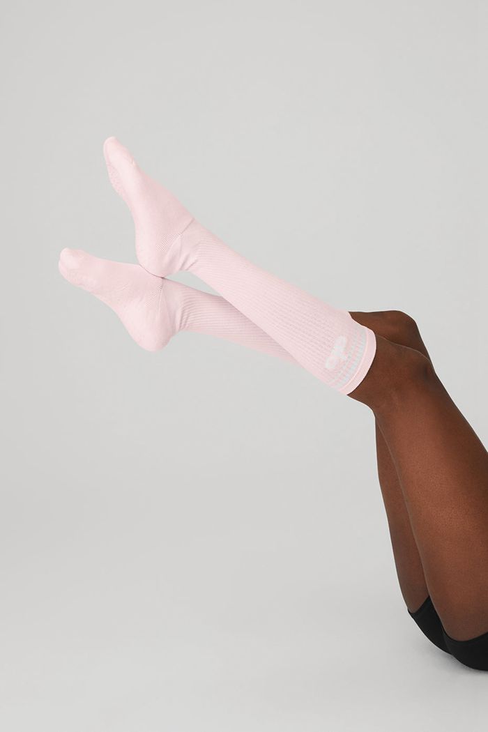 Pink White Alo Yoga Knee-High Throwback Barre Women's Socks | 26580KEPN