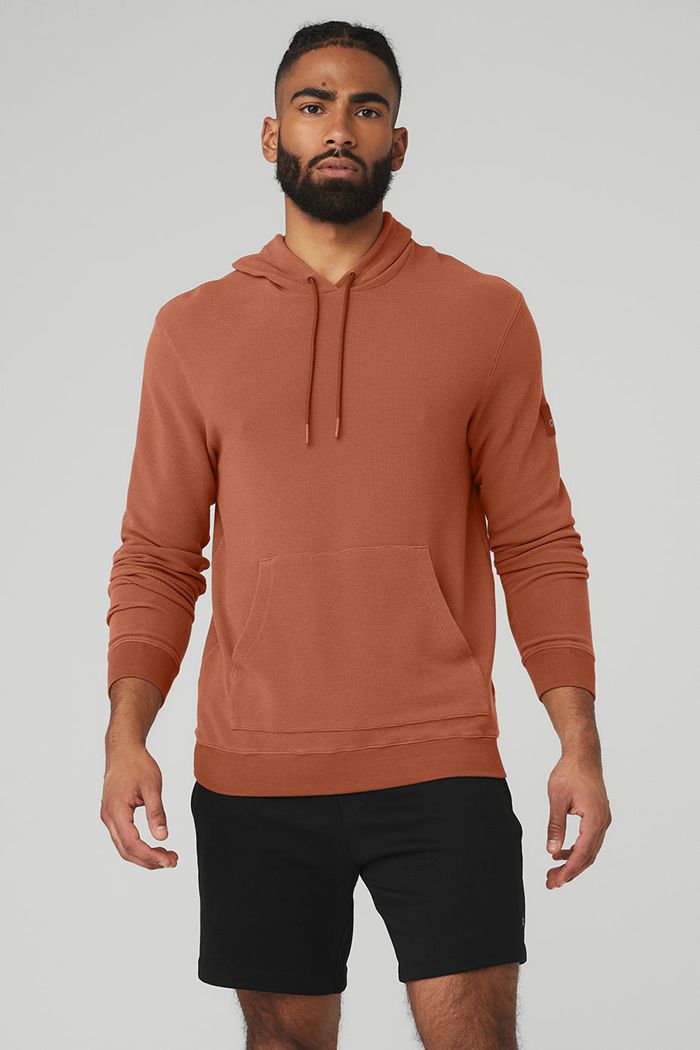 Red Alo Yoga Micro Waffle Fast Break Men\'s Hoodie | 38715UMIL