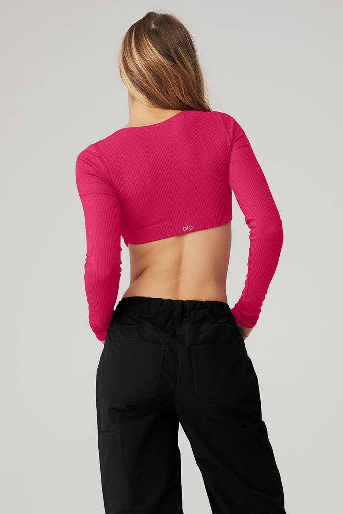 Red Alo Yoga Ribbed Defined Long Sleeve Women's Bras | 37892KOYQ