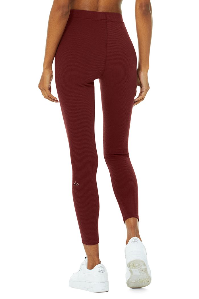 Red Alo Yoga Ribbed High-Waist 7/8 Blissful Women's Leggings | 36804ZCJB