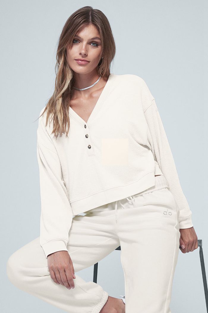 White Alo Yoga Alolux Soho Cropped Henley Women's Long Sleeve | 96078KOIC