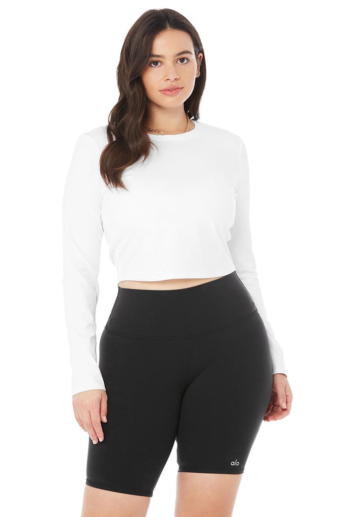 White Alo Yoga Alosoft Crop Finesse Women's Long Sleeve | 83406ZCOW