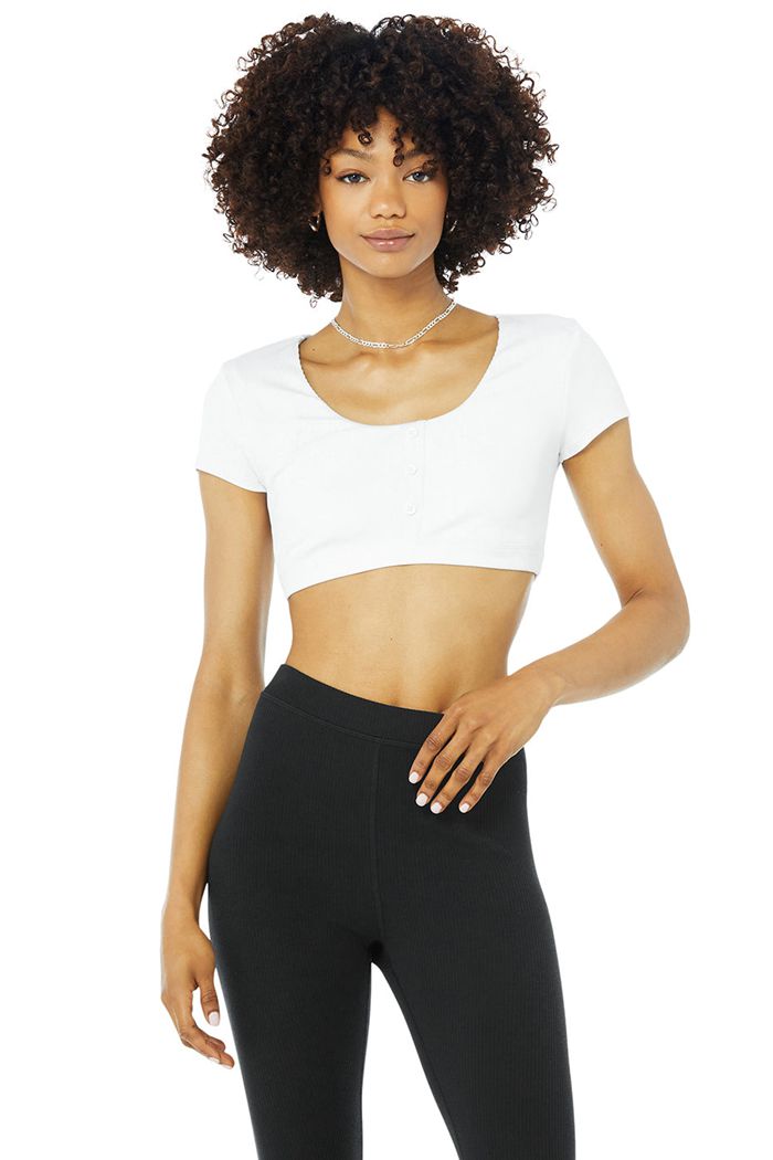 White Alo Yoga Blissful Henley Women\'s Bras | 81796JMKS