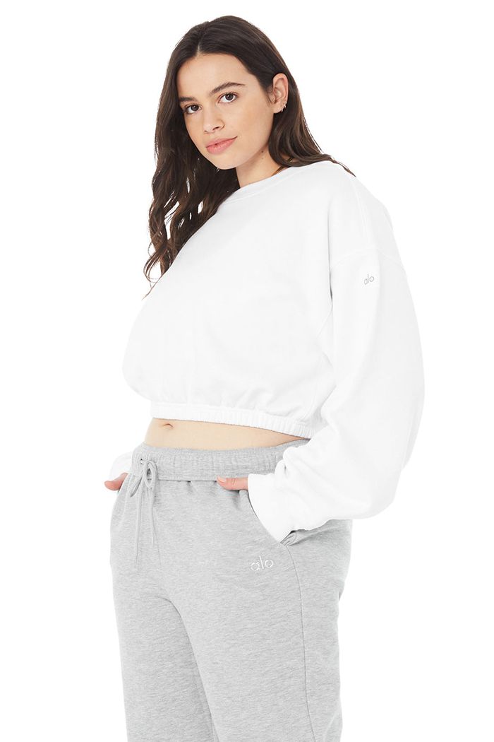 White Alo Yoga Devotion Crew Neck Women's Pullover | 93681ERYU