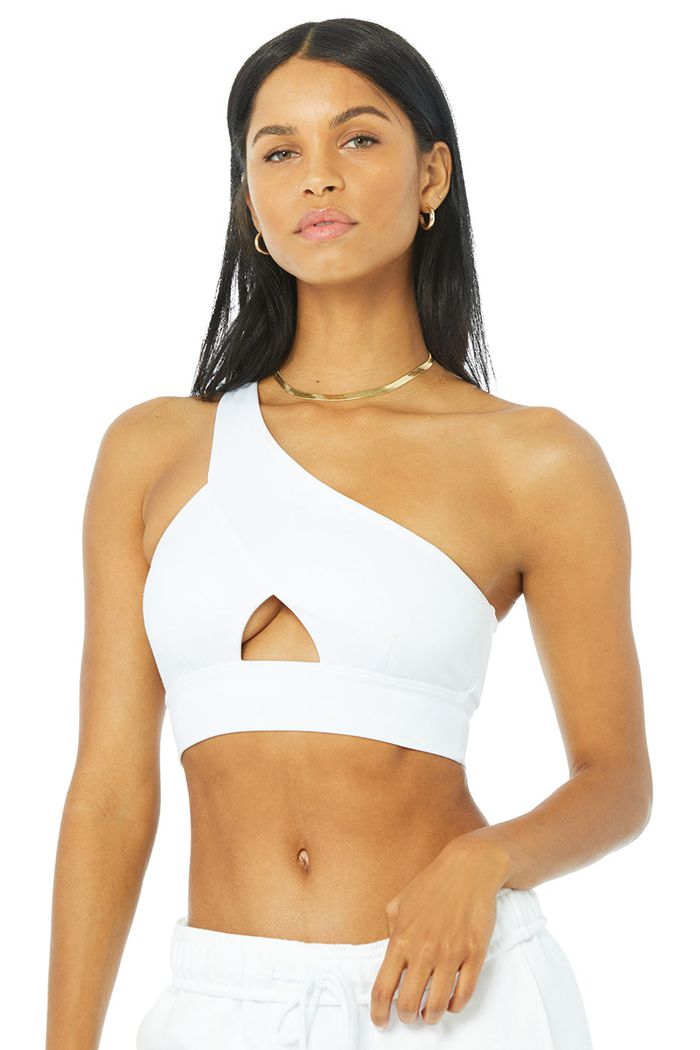 White Alo Yoga Diagonal Flex Women's Bras | 62708HYAU