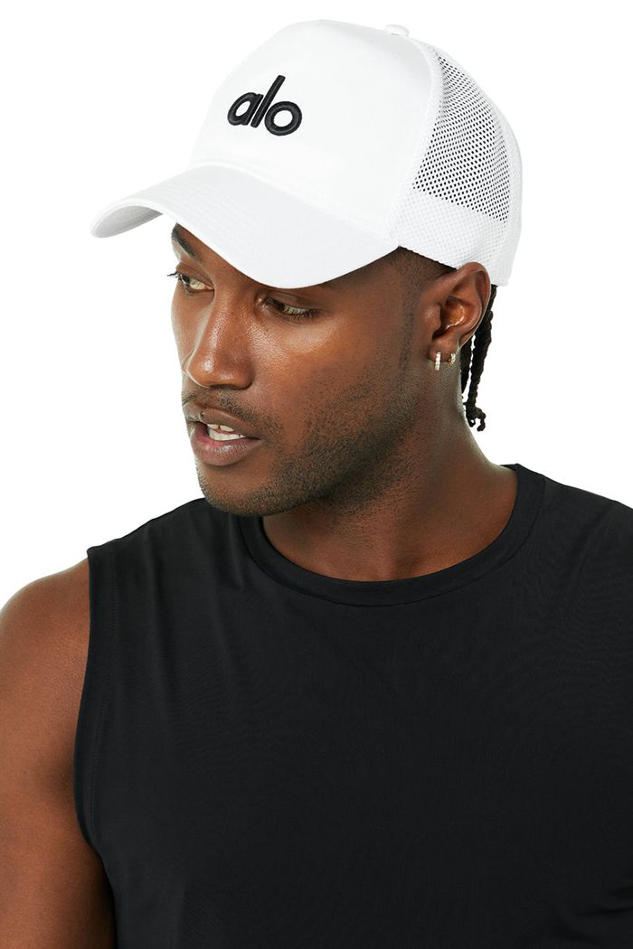 White Alo Yoga District Trucker Men's Hats | 25197MGNX