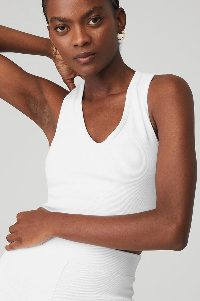 White Alo Yoga Goddess Ribbed Cropped Racerback Women's Tank Tops | 90563NEVI