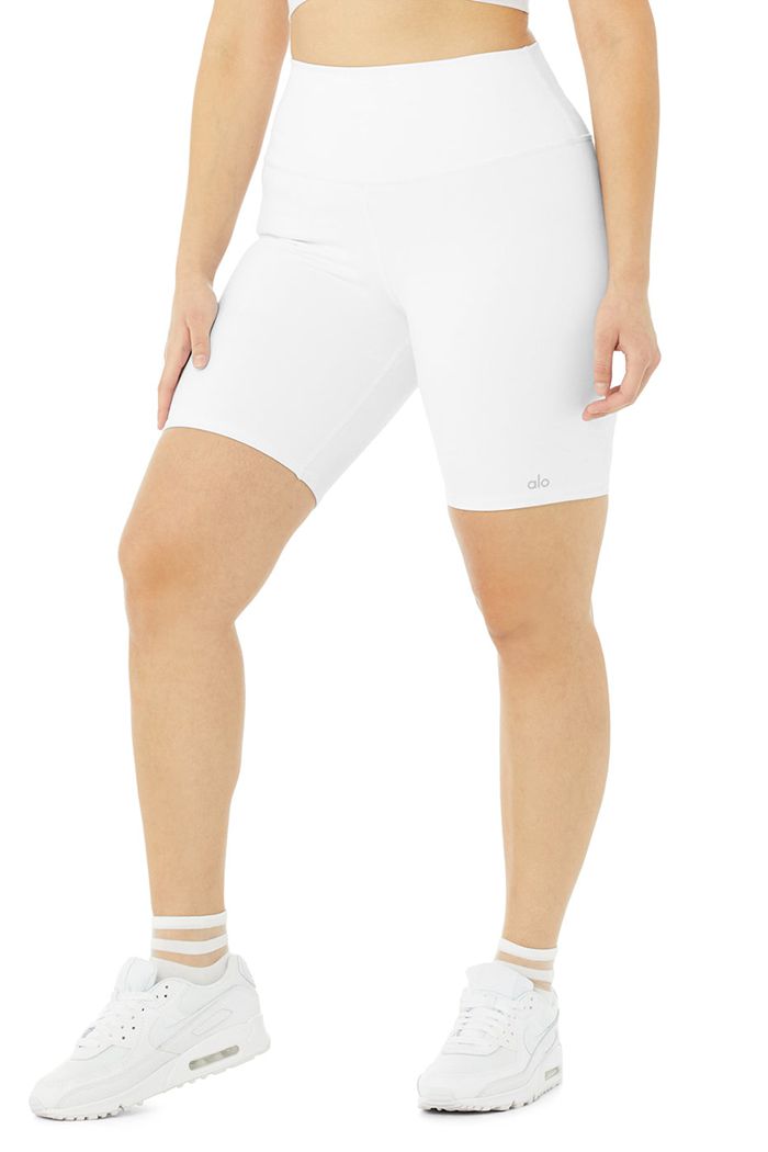 White Alo Yoga High-Waist Biker Women's Short | 48539QJTI