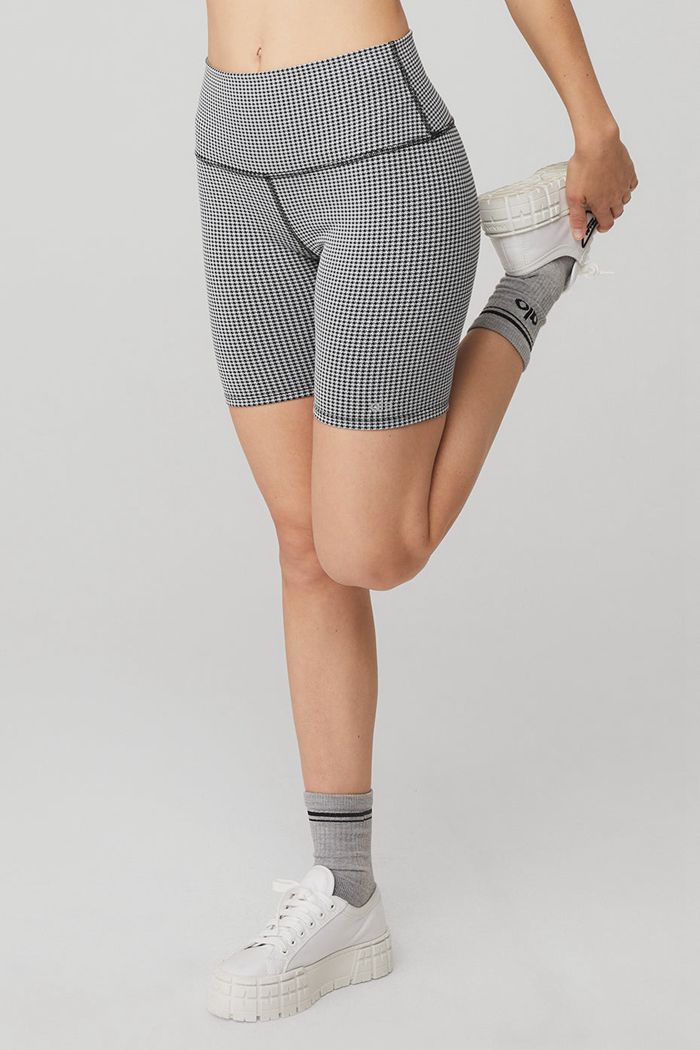 White Alo Yoga High-Waist Micro Houndstooth Biker Women's Short | 32507WDHV