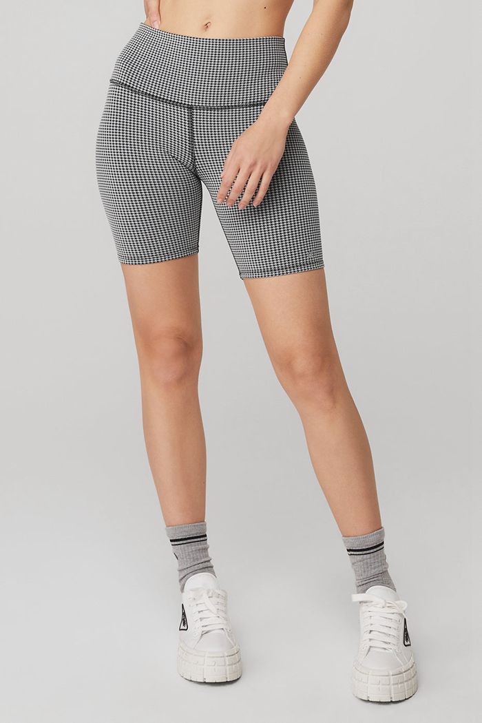 White Alo Yoga High-Waist Micro Houndstooth Biker Women\'s Short | 32507WDHV