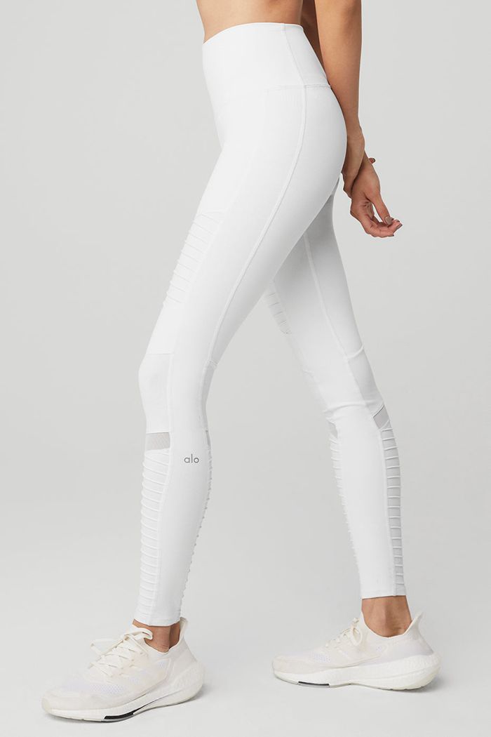 White Alo Yoga High-Waist Moto Women's Leggings | 73046DJLX