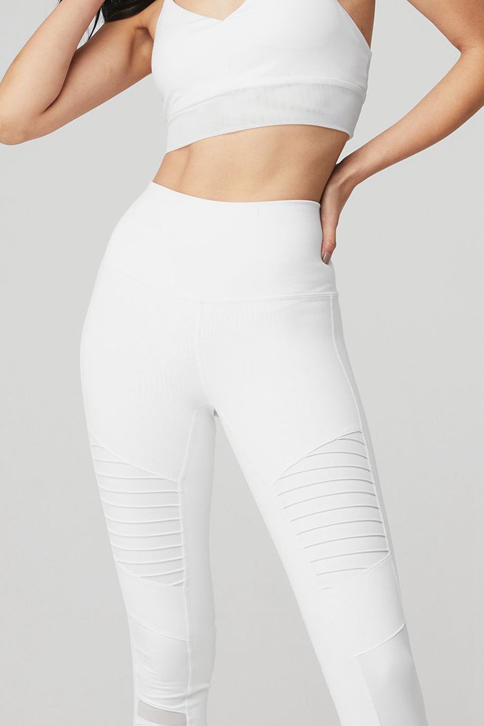 White Alo Yoga High-Waist Moto Women's Leggings | 73046DJLX