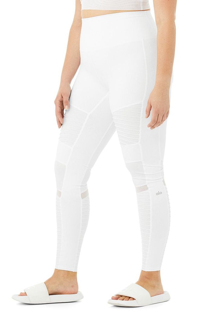 White Alo Yoga High-Waist Moto Women's Leggings | 73046DJLX