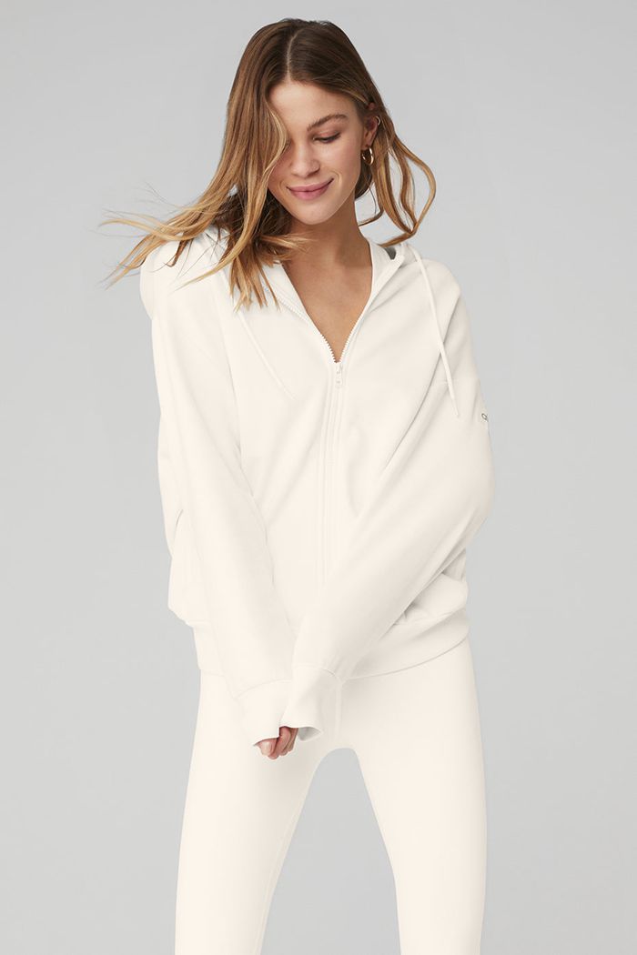 White Alo Yoga Hype Full Zip Women's Hoodie | 16749JLBC