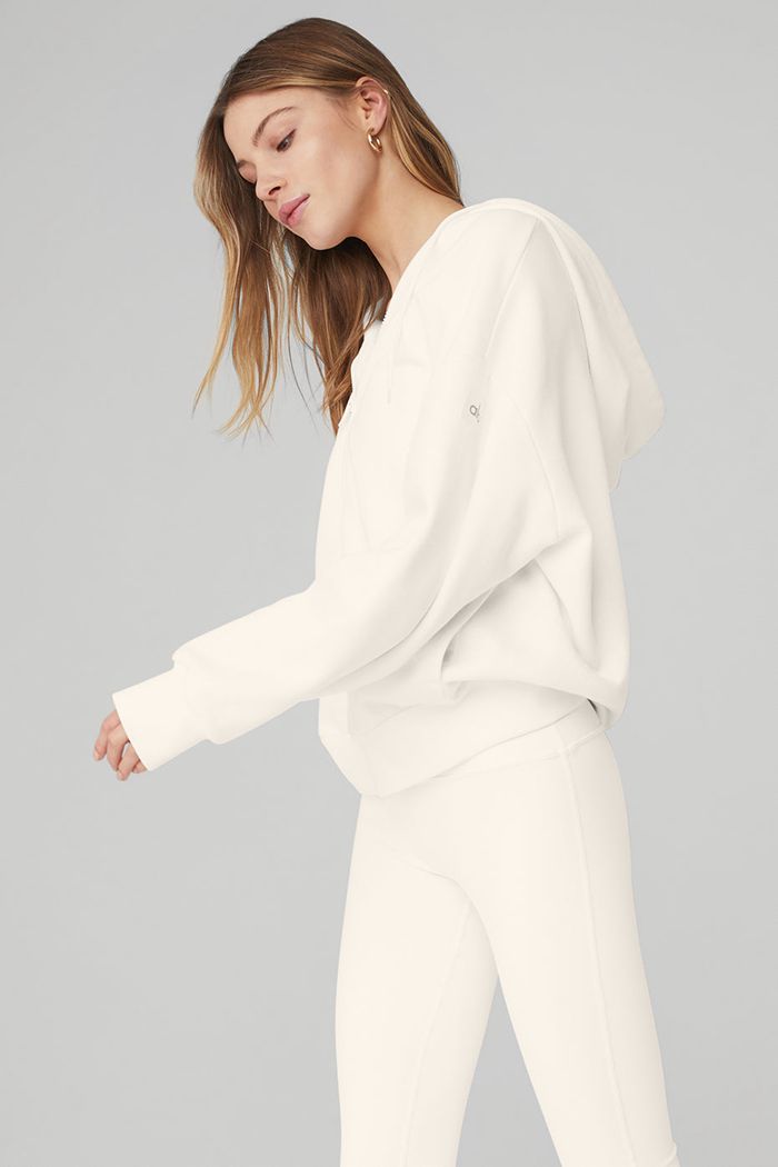 White Alo Yoga Hype Full Zip Women's Hoodie | 16749JLBC