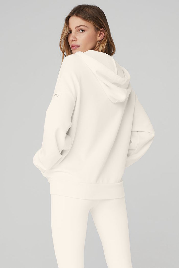 White Alo Yoga Hype Full Zip Women's Hoodie | 16749JLBC