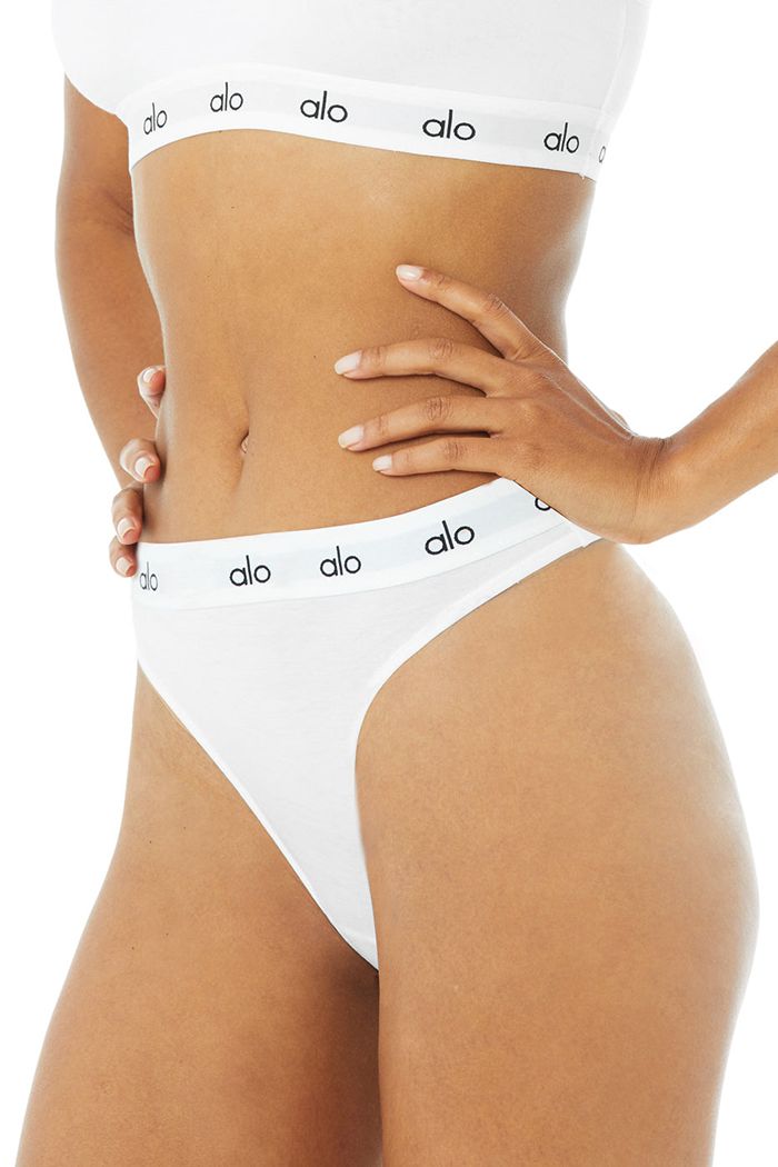 White Alo Yoga Icon High-Cut Thong Women's Underwear | 90176LMPQ