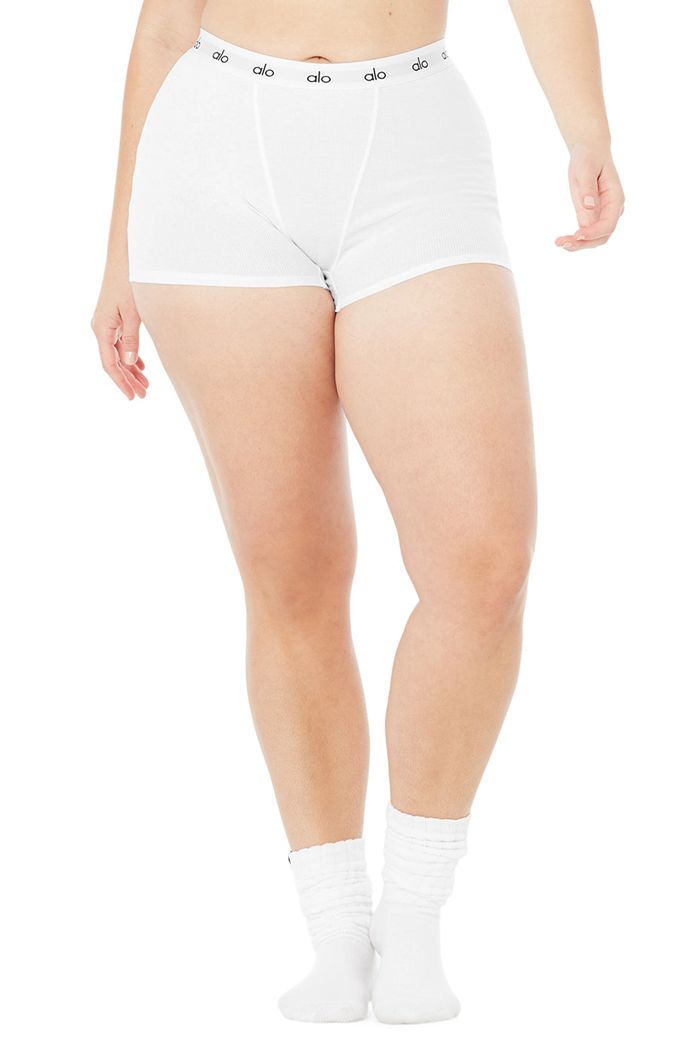 White Alo Yoga Icon Ribbed Boy Women's Short | 10438RMLZ