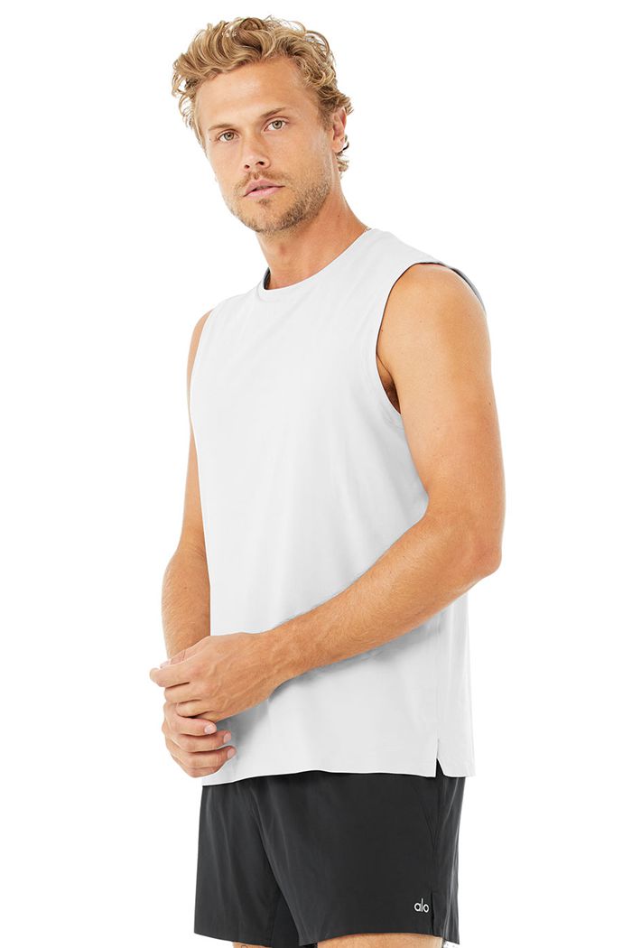 White Alo Yoga Idol Performance Men\'s Tank Tops | 81962UPSR