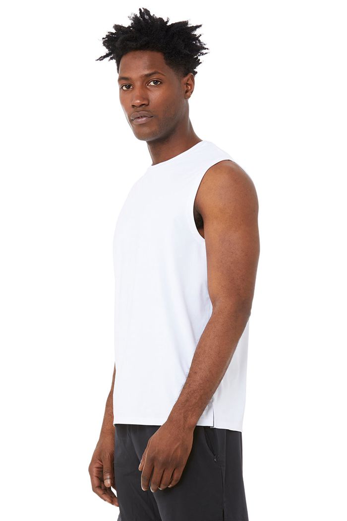 White Alo Yoga Idol Performance Men's Tank Tops | 91278KANE