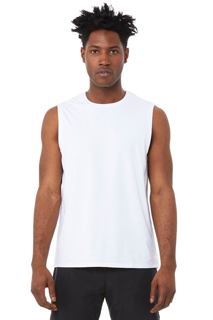 White Alo Yoga Idol Performance Men\'s Tank Tops | 91278KANE