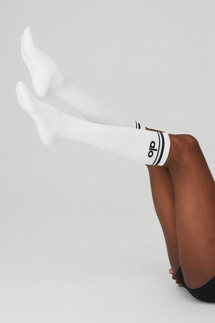 White Alo Yoga Knee-High Throwback Barre Women's Socks | 51983YNXK