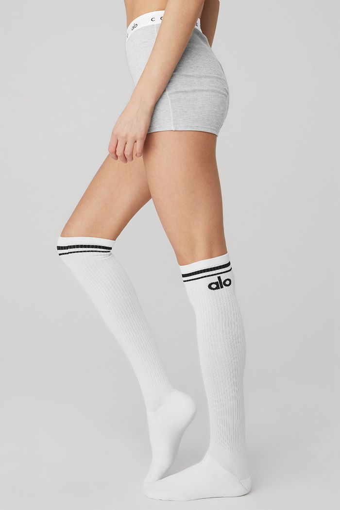 White Alo Yoga Knee-High Throwback Women's Socks | 74052QYLU