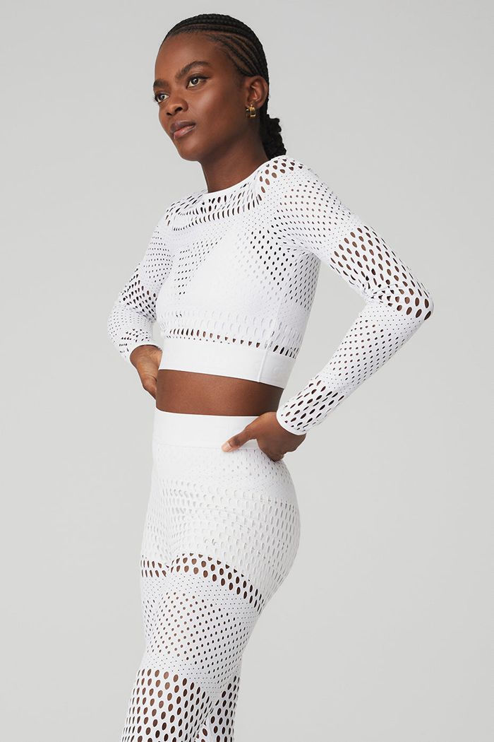 White Alo Yoga Mesh Haute Summer Women's Long Sleeve | 19035TQOK