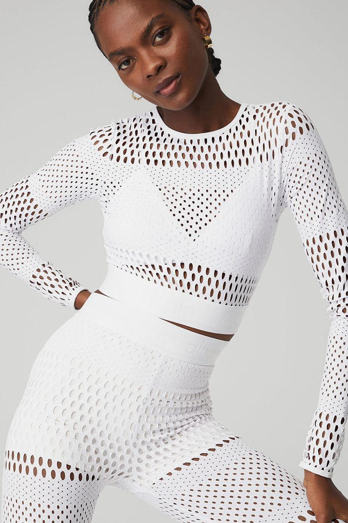 White Alo Yoga Mesh Haute Summer Women's Long Sleeve | 19035TQOK