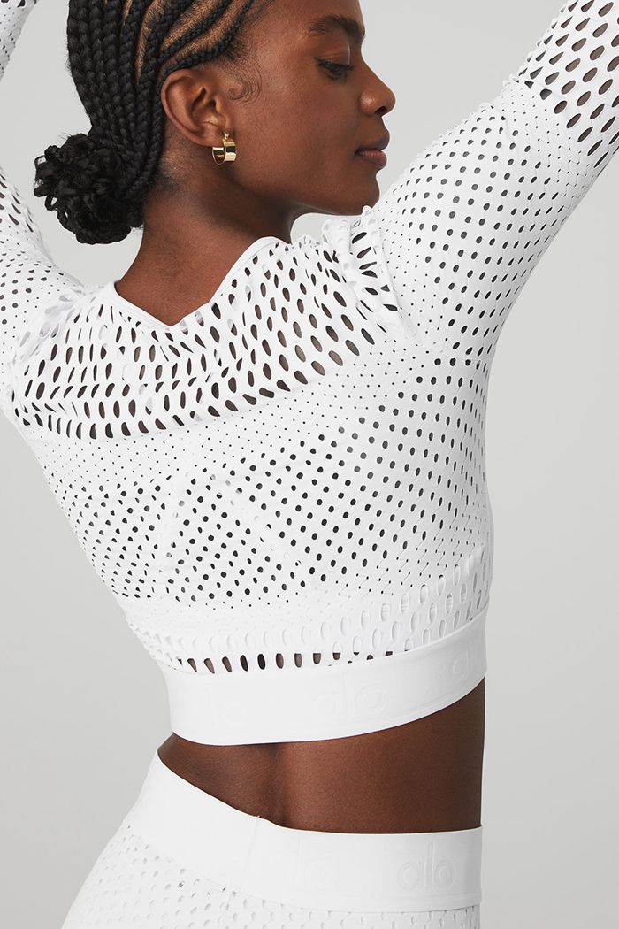 White Alo Yoga Mesh Haute Summer Women's Long Sleeve | 19035TQOK