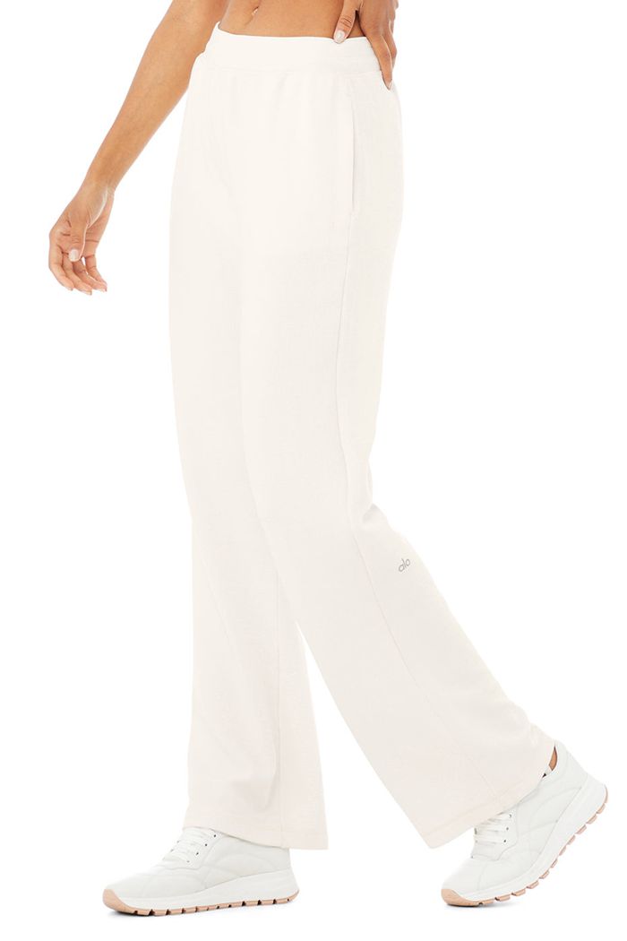 White Alo Yoga Micro Waffle High-Waist Pleasant Wide Leg Women's Pants | 74290DJLV