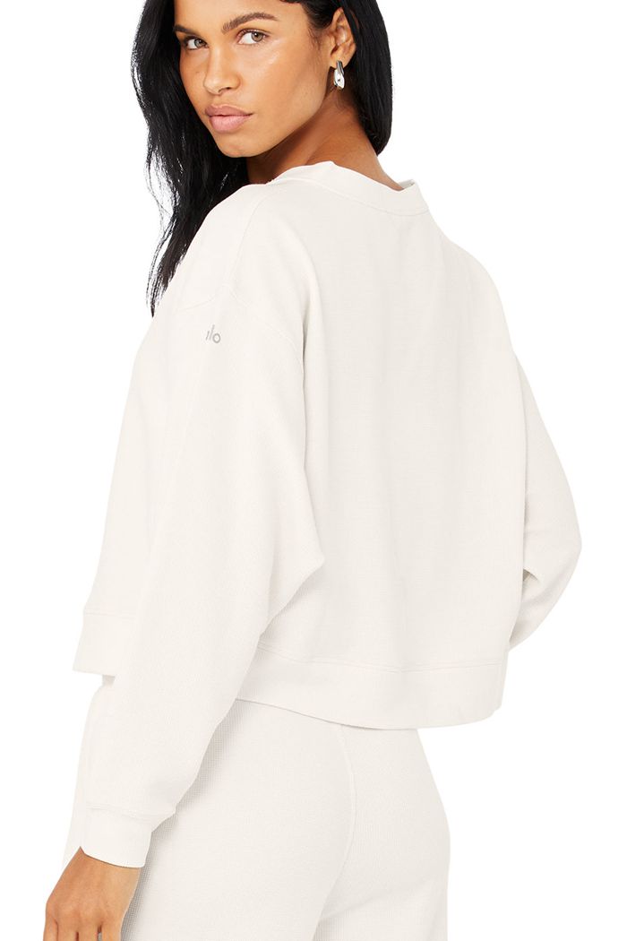 White Alo Yoga Micro Waffle Pleasant Cropped Henley Women's Long Sleeve | 43890NRYV