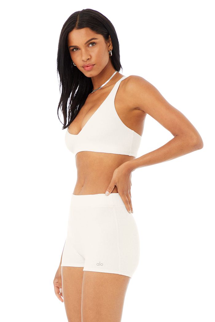 White Alo Yoga Micro Waffle Pleasant Women's Bras | 39467INMZ