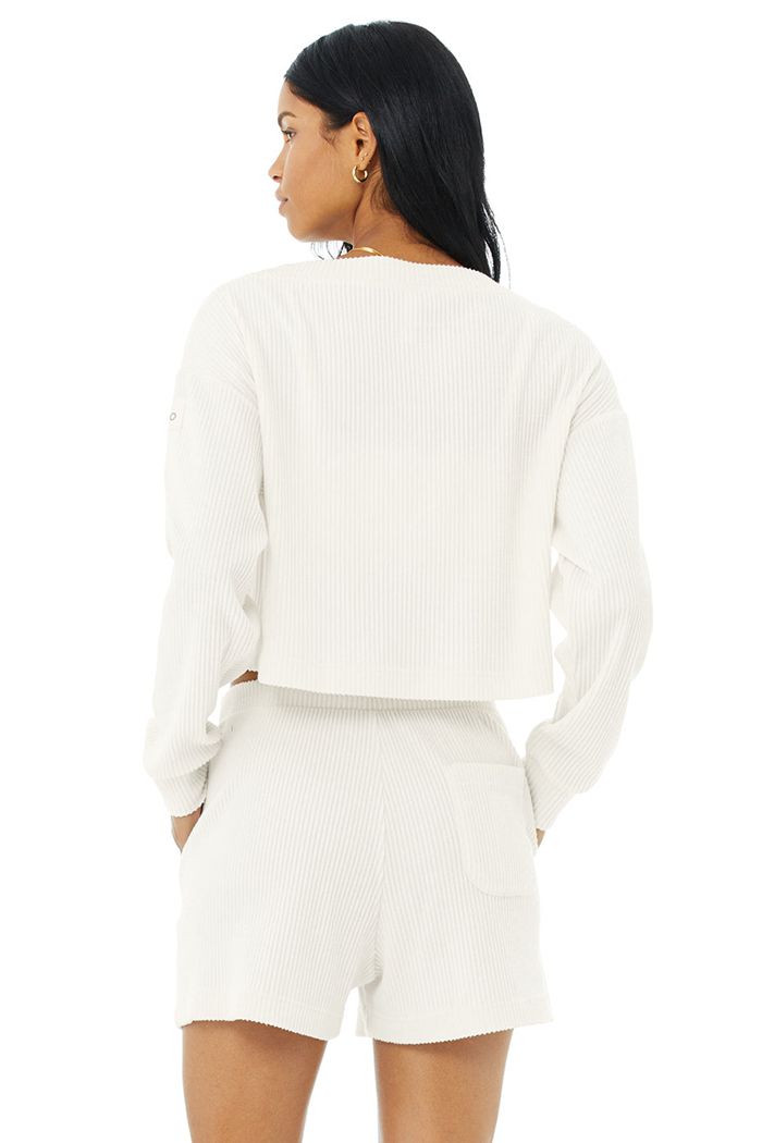 White Alo Yoga Muse V-Neck Women's Pullover | 48790DJGC