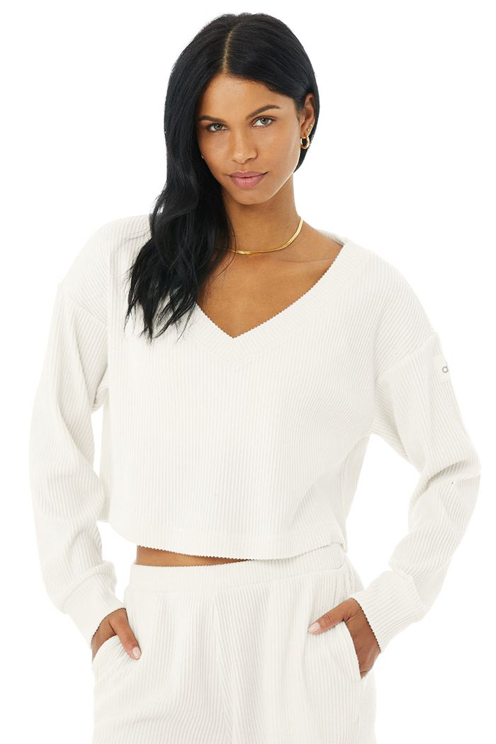 White Alo Yoga Muse V-Neck Women's Pullover | 48790DJGC