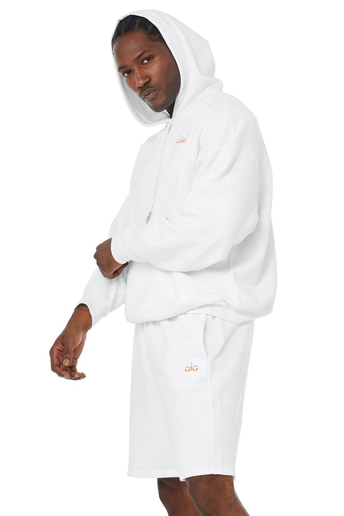 White Alo Yoga Pride Accolade Men's Hoodie | 60594ASCF