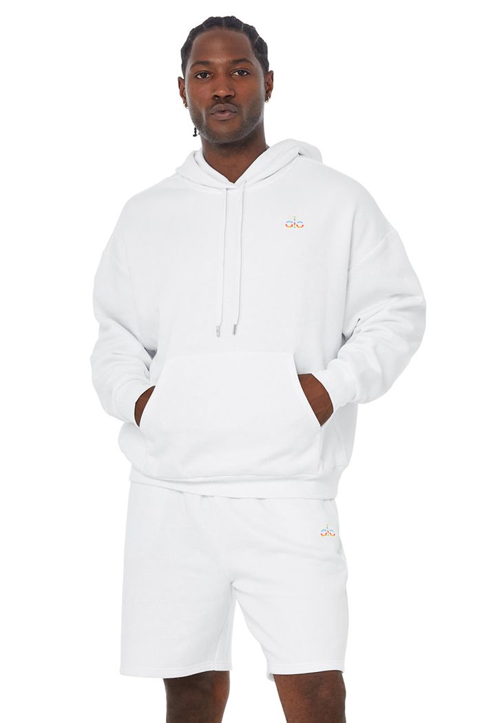 White Alo Yoga Pride Accolade Men\'s Hoodie | 60594ASCF