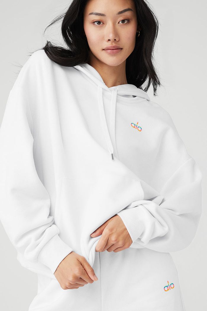 White Alo Yoga Pride Accolade Women's Hoodie | 35964EIQX