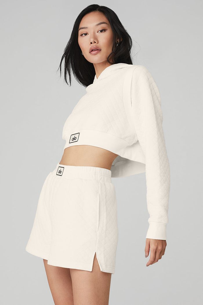 White Alo Yoga Quilted Cropped Arena Women's Hoodie | 85390WJYN