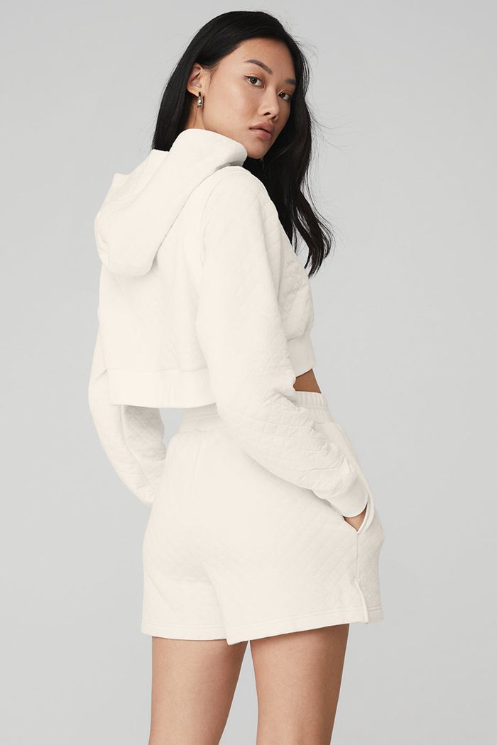 White Alo Yoga Quilted Cropped Arena Women's Hoodie | 85390WJYN