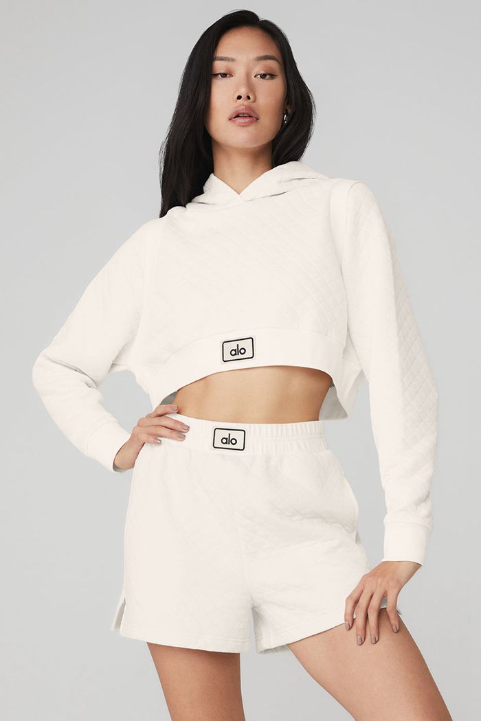 White Alo Yoga Quilted Cropped Arena Women\'s Hoodie | 85390WJYN