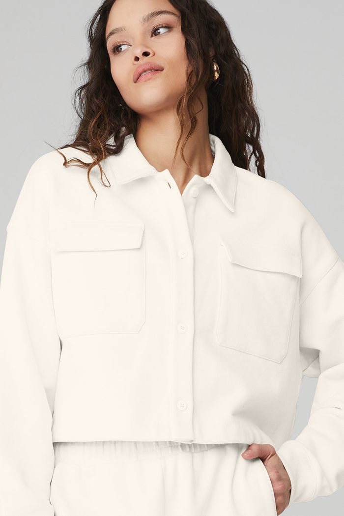 White Alo Yoga Renown Cropped Button-Up Women's Pullover | 70162BMIX