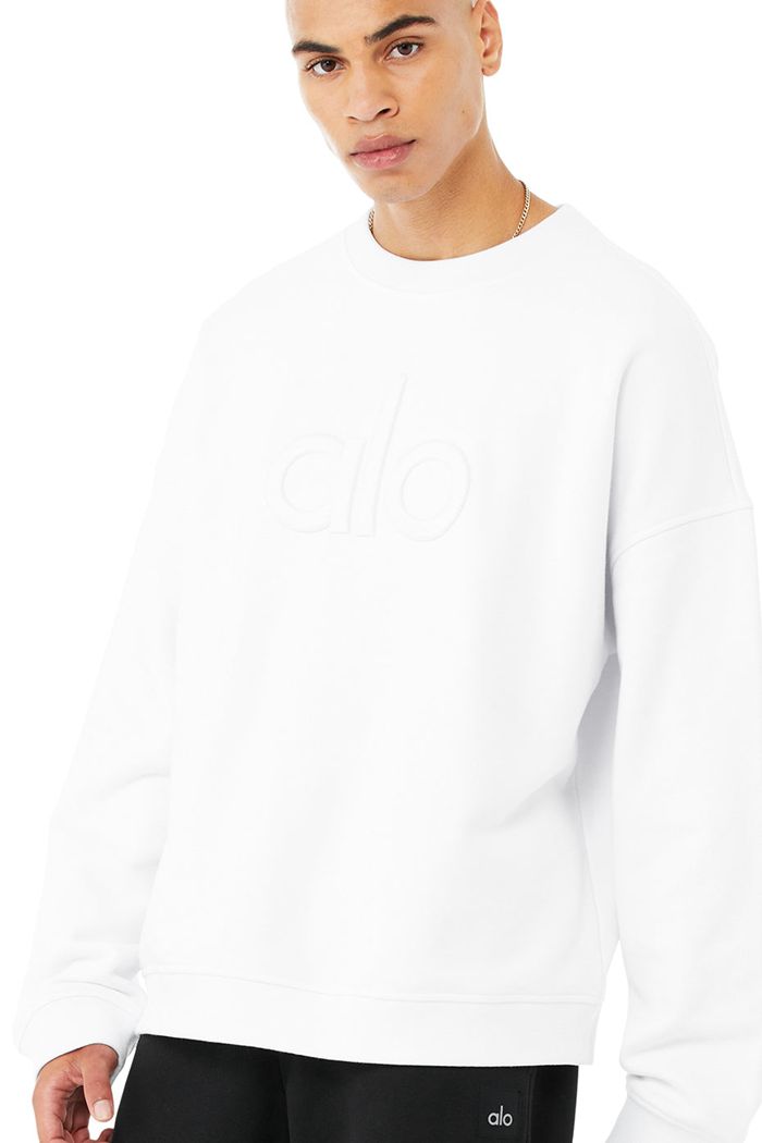 White Alo Yoga Renown Heavy Weight Emblem Crew Neck Men's Pullover | 24573QDNK