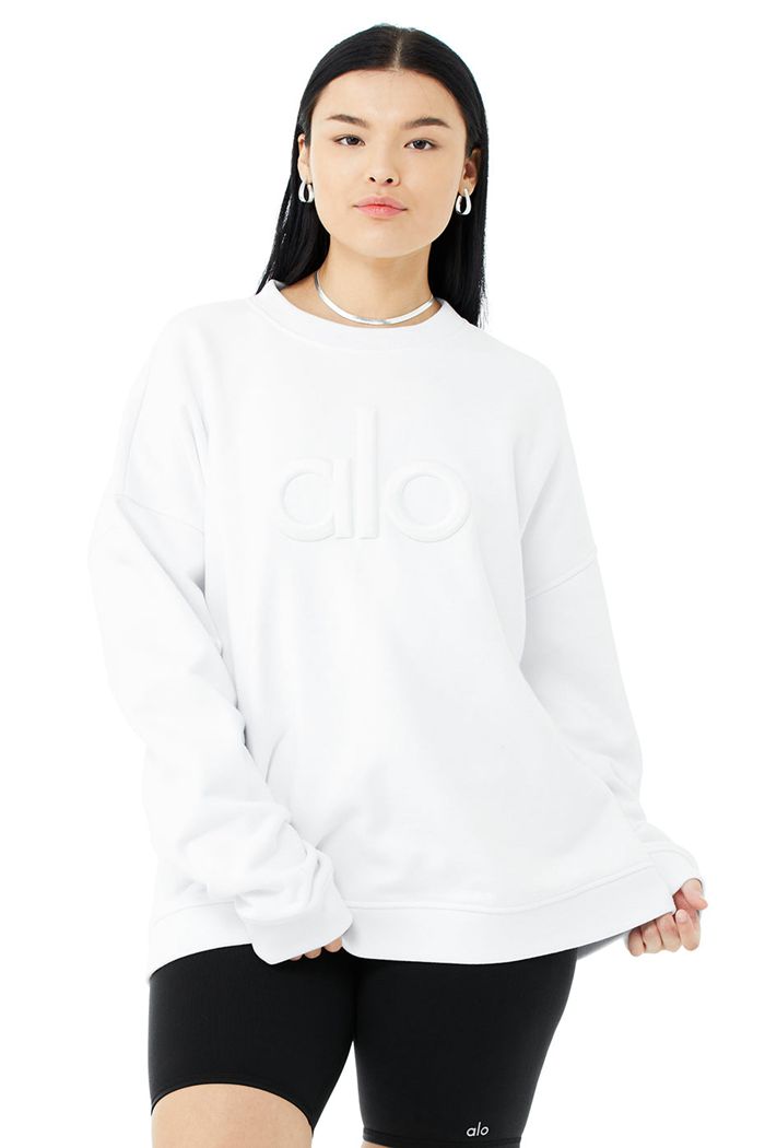 White Alo Yoga Renown Heavy Weight Emblem Crew Neck Women's Pullover | 89450BUVK